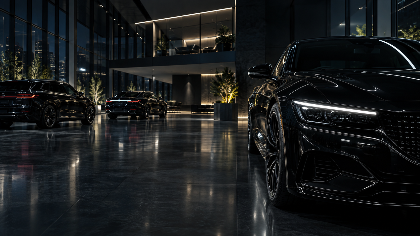 Architectural brand artwork of a modern automotive showroom at night